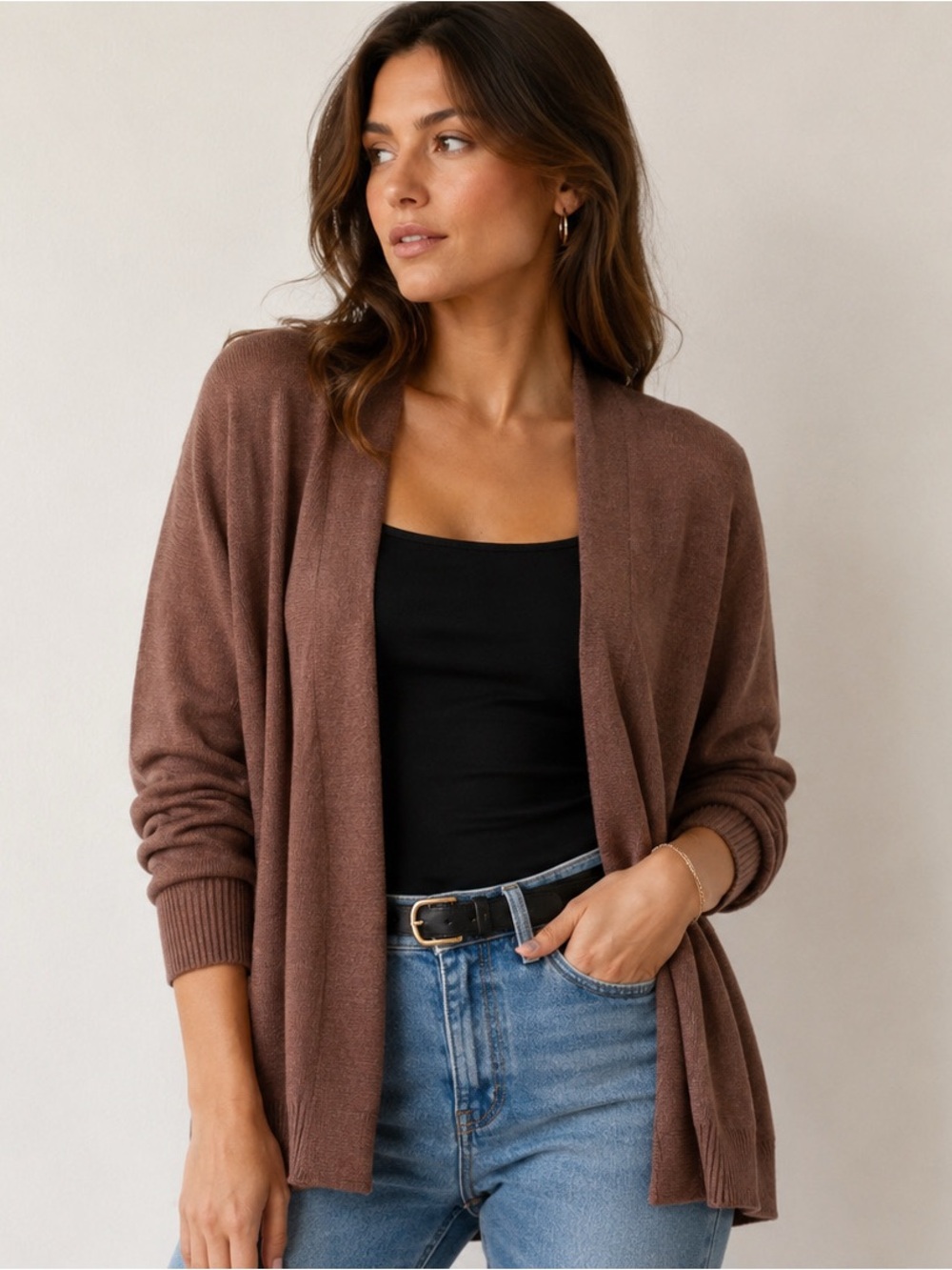 Aqua Cashmere drape front Cardigan in Mushroom Sz M